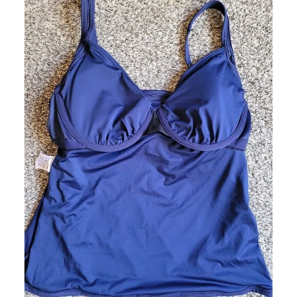 Swim Top Navy 14P Lands' End Solid Wrap Front Tankini Petite Tummy Control S867 - Picture 2 of 7
